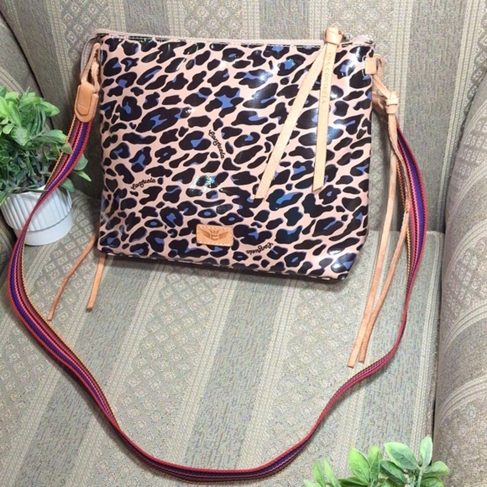 Consuela Leopard Print Crossbody with Blue and Tan Accents